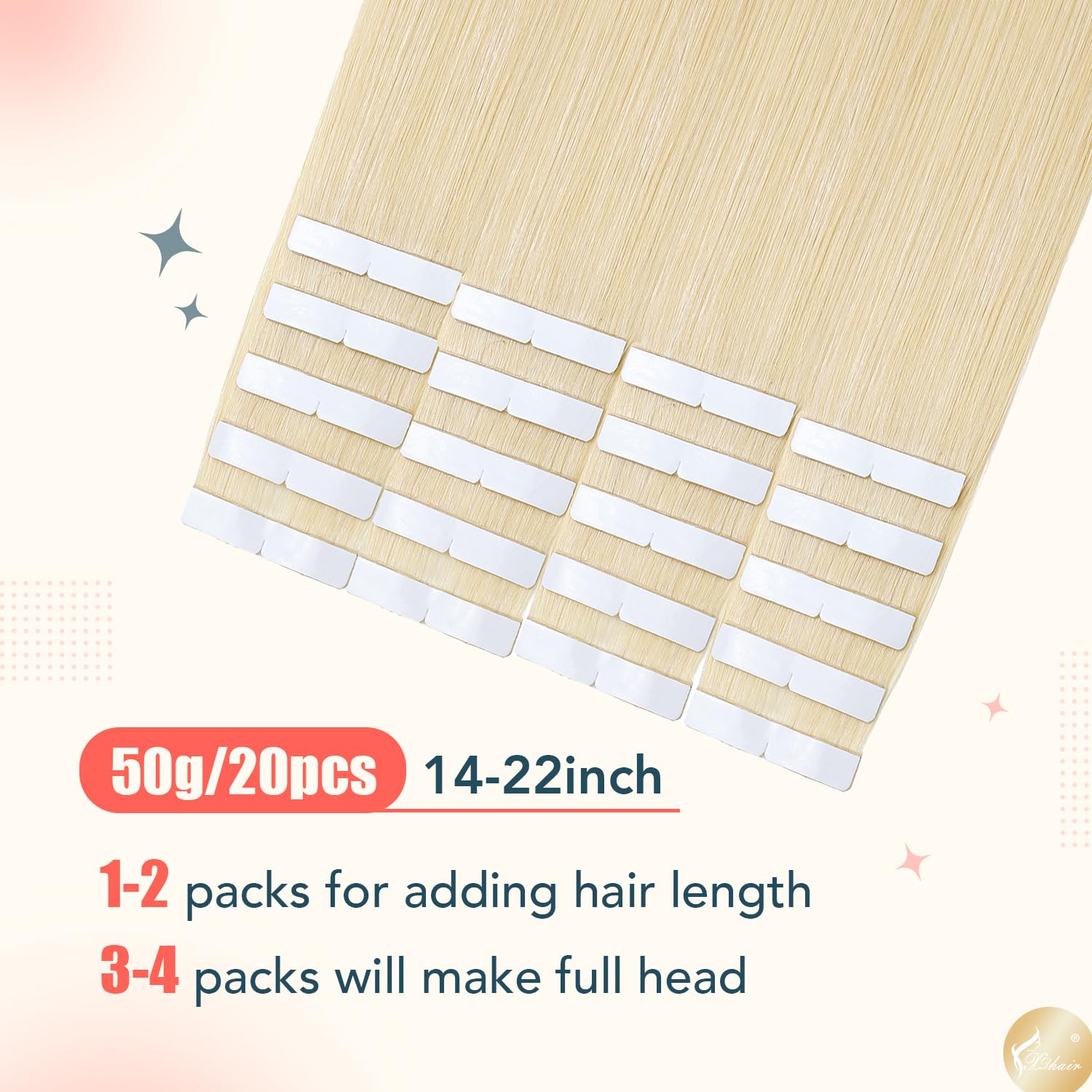 XDhair Haarverlängerung, Echthaar, selbstklebend, 20 Stück, 50 g