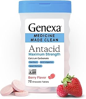 Genexa 3 Pack Clean Antacid Chewable Tablets | Maximum Strength Calcium Carbonate for Heartburn, Acid Indigestion & Upset Stomach Relief | Dye Free, 0% Artificial Additives | Berry Flavor, 216ct