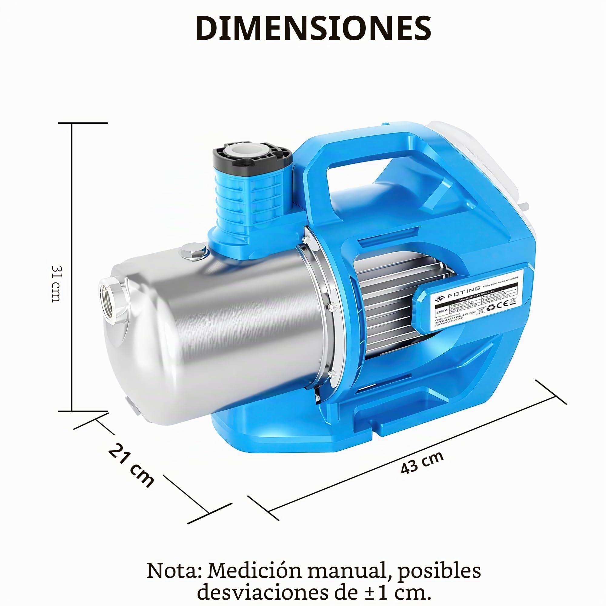 FOTING Bomba de jardín INOX - Bomba de riego alta presión con pantalla LCD y 3 botones, prefiltro (1300 W, caudal máx. 6000 l/h, presión 6 bar, altura máx. 60 m, aspiración 8 m)
