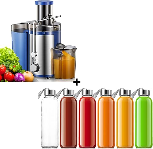 QCen 800W Juicer Machine Azul y 6PCS Botella de Vidrio Bundle