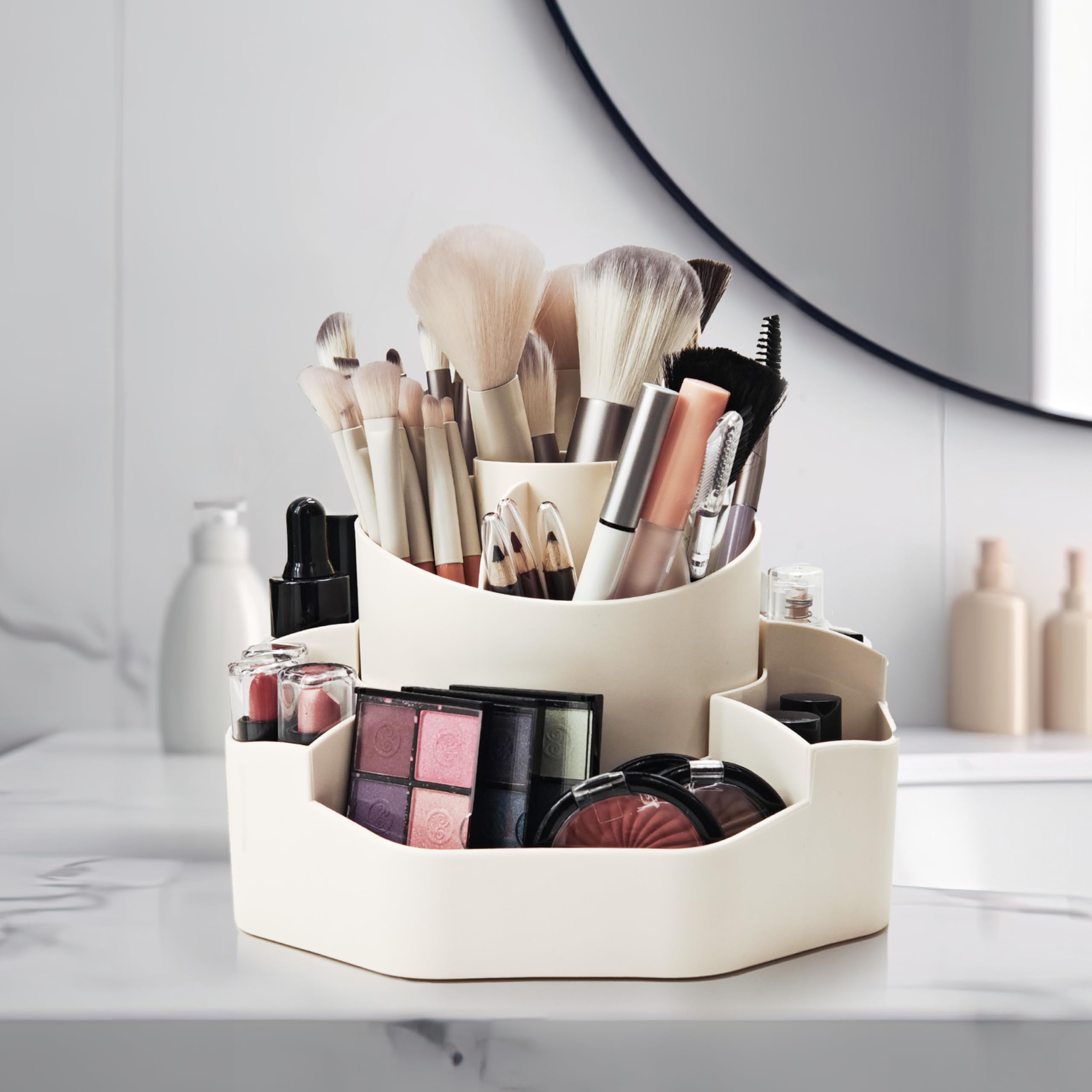 JOYOSWO 360 Rotating White Makeup Brush Holder,13 Slots Large Capacity Makeup Organizer, Detachable Vanity Organizer for Desktop Bathroom Countertop (Beige White)