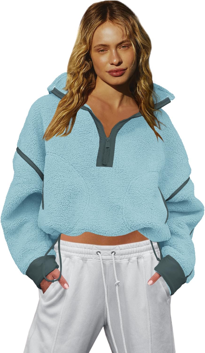 LAMISSCHE Half Zip Sweatshirt Women Oversized Sherpa Jacket V Neck Fleece Pullover Hoodie with Pockets