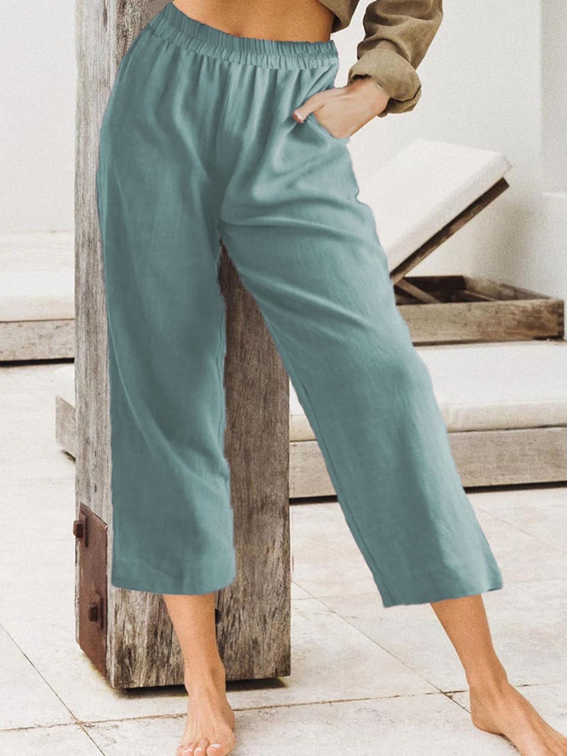Capri Pants for Women Lightweight Cropped Linen Pants Elastic High Waisted Wide Leg Pant Solid Business Casual Trousers