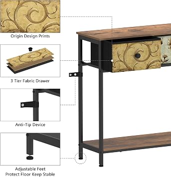 VEDECASA Console Table for Hallway Slim Console Table with 3 Drawers for Entryway with Storage Shelves for Small Spaces Living Room Metal Frame Wooden Top Easy Assembly Rustic Brown
