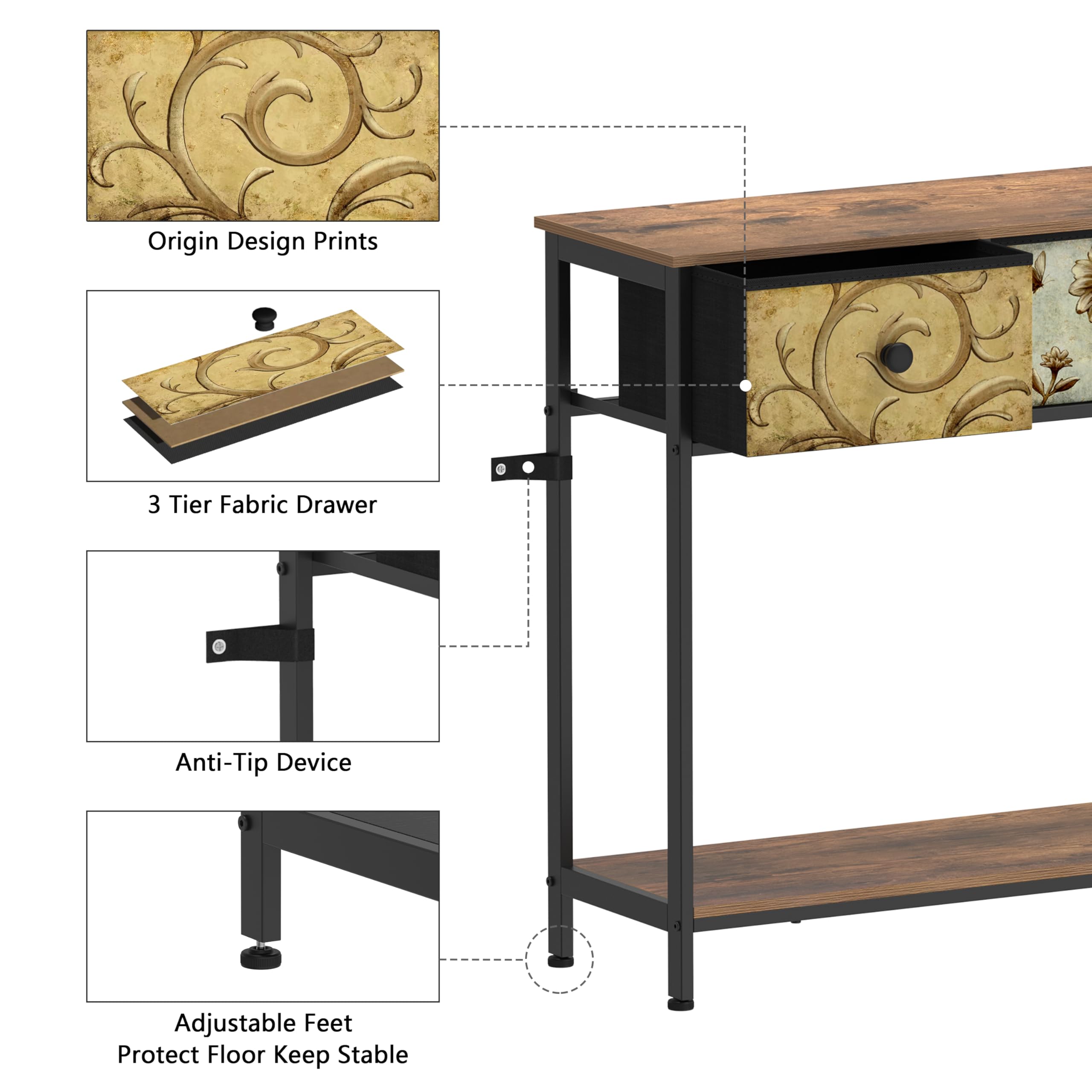 VEDECASA Konsolentisch Beistelltisch mit 3 Stoffschubladen Flurtisch mit Offenen Ablagefächern Eingangtisch Sofatisch für Flur Wohnzimmer Schlafzimmer Holz Metallrahmen einfache Montage Vintage Braun