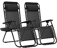 Vista 1 de PayLessHere Juego de 2 sillas de descanso ajustables de gravedad cero, silla de playa plegable con almohada extraíble y soporte para tazas para Negro