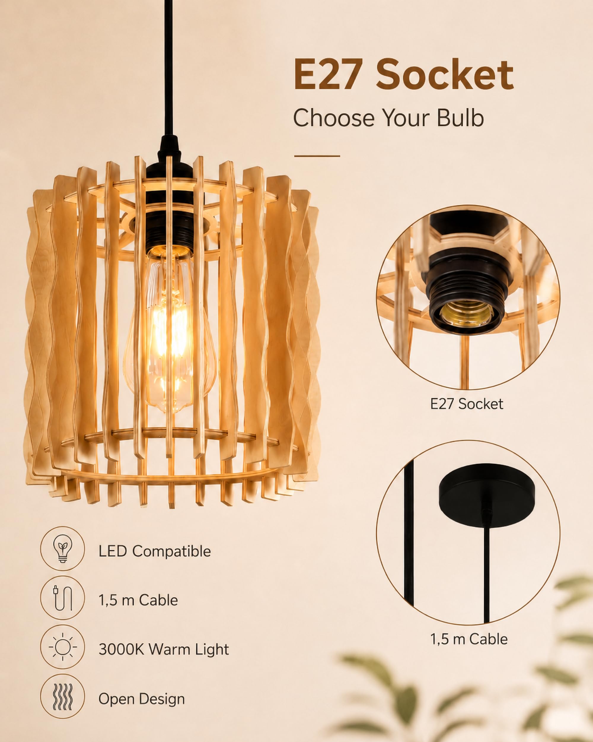 ACMHNC Zestaw 2 Drewnianych Lamp Wiszących, 20 cm Lampa Sufitowa Boho E27 z Regulowanym Kablem 1,5 m, do Jadalni, nad Wyspę Kuchenną, do Sypialni, Korytarza i Kawiarni, 3000k
