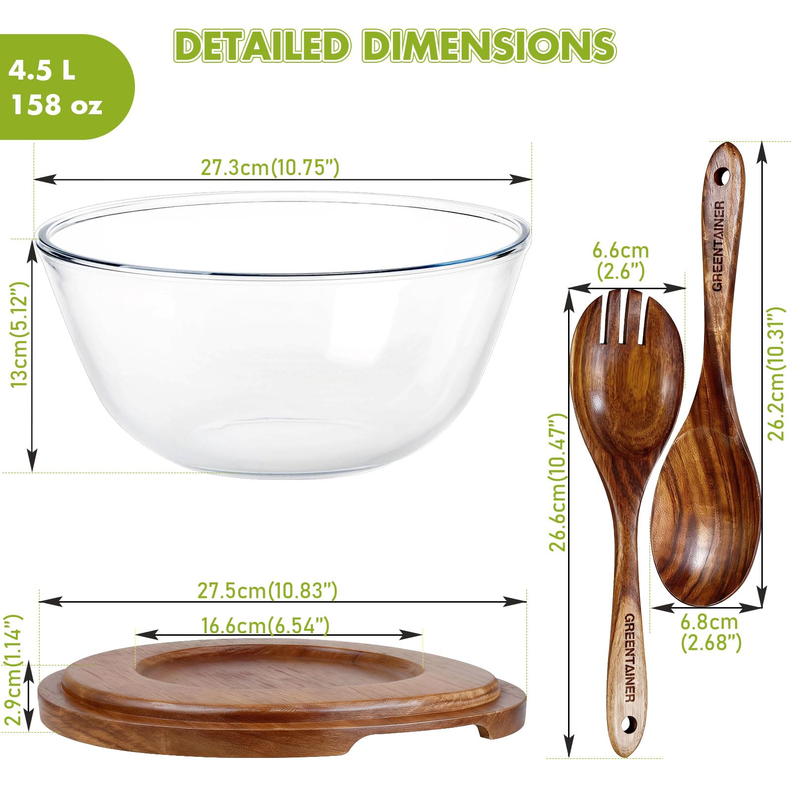 Greentainer Juego de ensaladera de 4 piezas, cubiertos para ensalada con cuenco para ensalada, cuenco redondo, ensaladera de cristal, apto para lavavajillas
