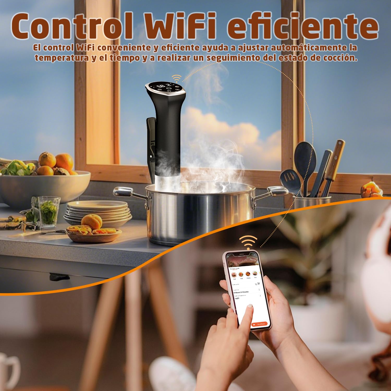 Karinear Sous Vide Garer Stick | Control mediante aplicación | WIF (2,4 G) | 1400 W Sous-Vide Stick | 10-90 °C, temporizador de 1-99 min | Circulación de 360° | Suvide Garer stick