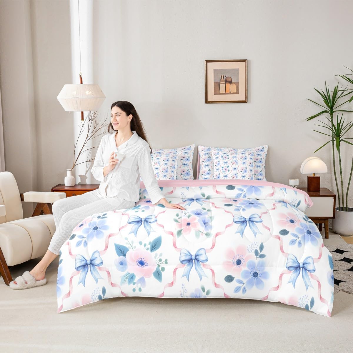 Erosebridal Blue Bow Bedding 7 Piece Pink Rose Flower Bow Full Comforter Set with Sheets for Kids Girls Teen Women Coquette Floral Bowknot Bed in a Bag Aesthetics Room Decor,Watercolor Bows Bed Set