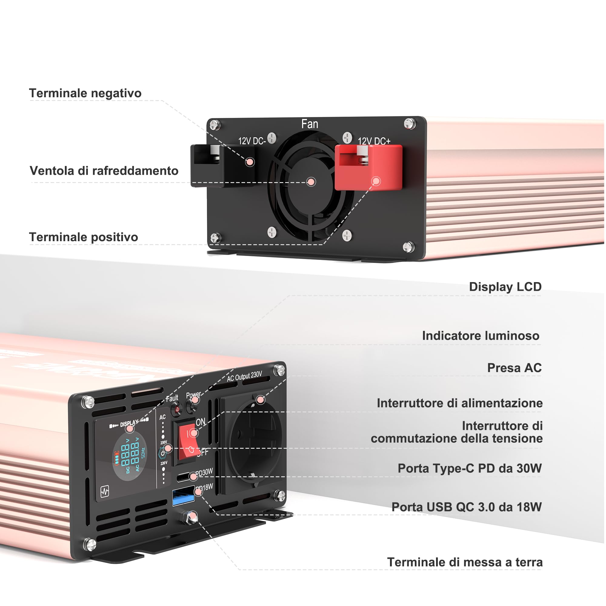 XWJNE Inverter 12V 220V/230V Onda Sinusoidale Pura 1000W, Convertitore di Tensione con 1 Presa CA, 1 Porte USB-A e 1 Porte USB-C, Display LCD, Telecomando 5M, per Camper, Camion, Casa e Emergenza