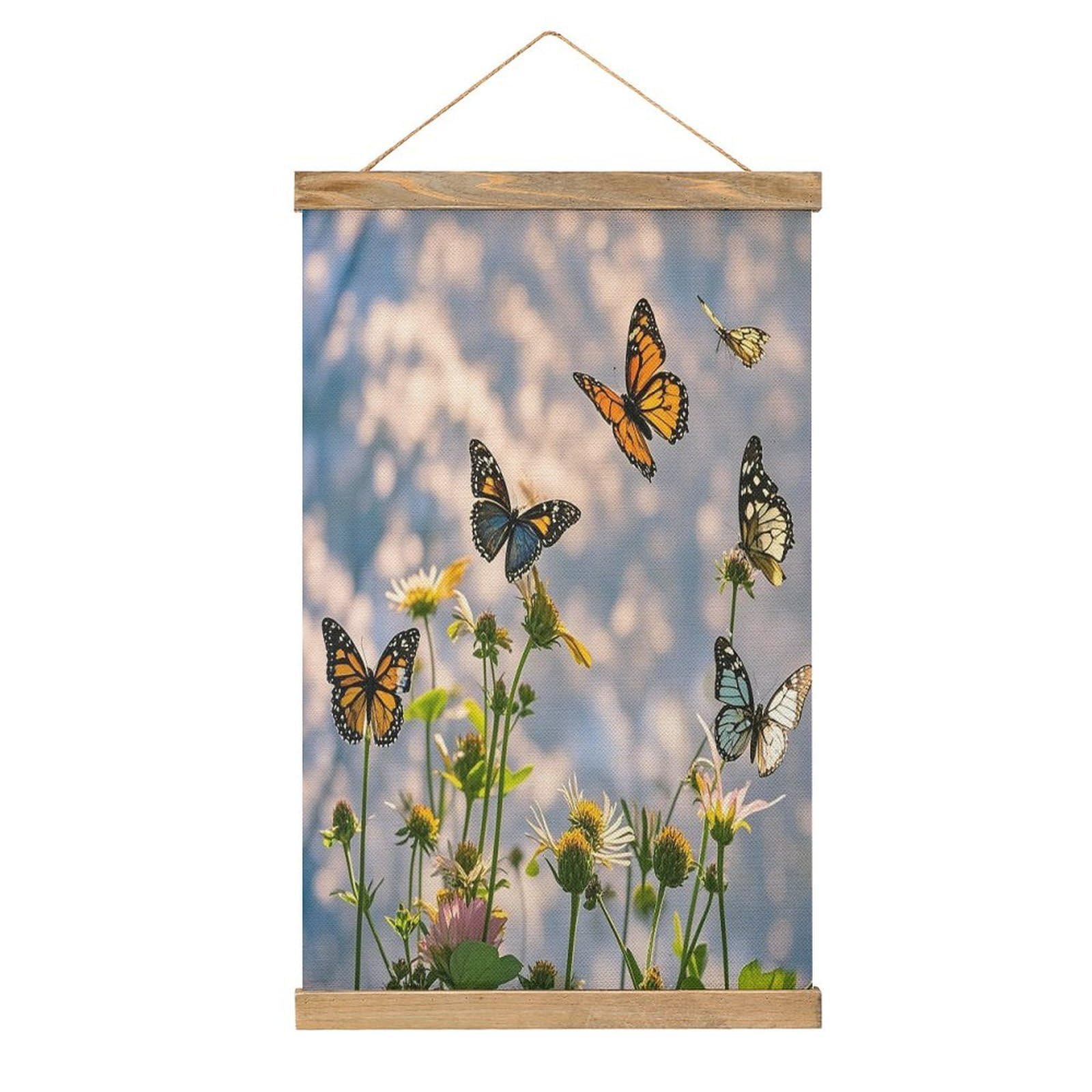 VstaDank Flying Butterflies Hanging Poster with Wooden Frame Modern Linen Hanging Painting Retro Style Wall Decor Art Painting for Living Room,Bedroom Decor Poster Frame 20.4x13.1inch