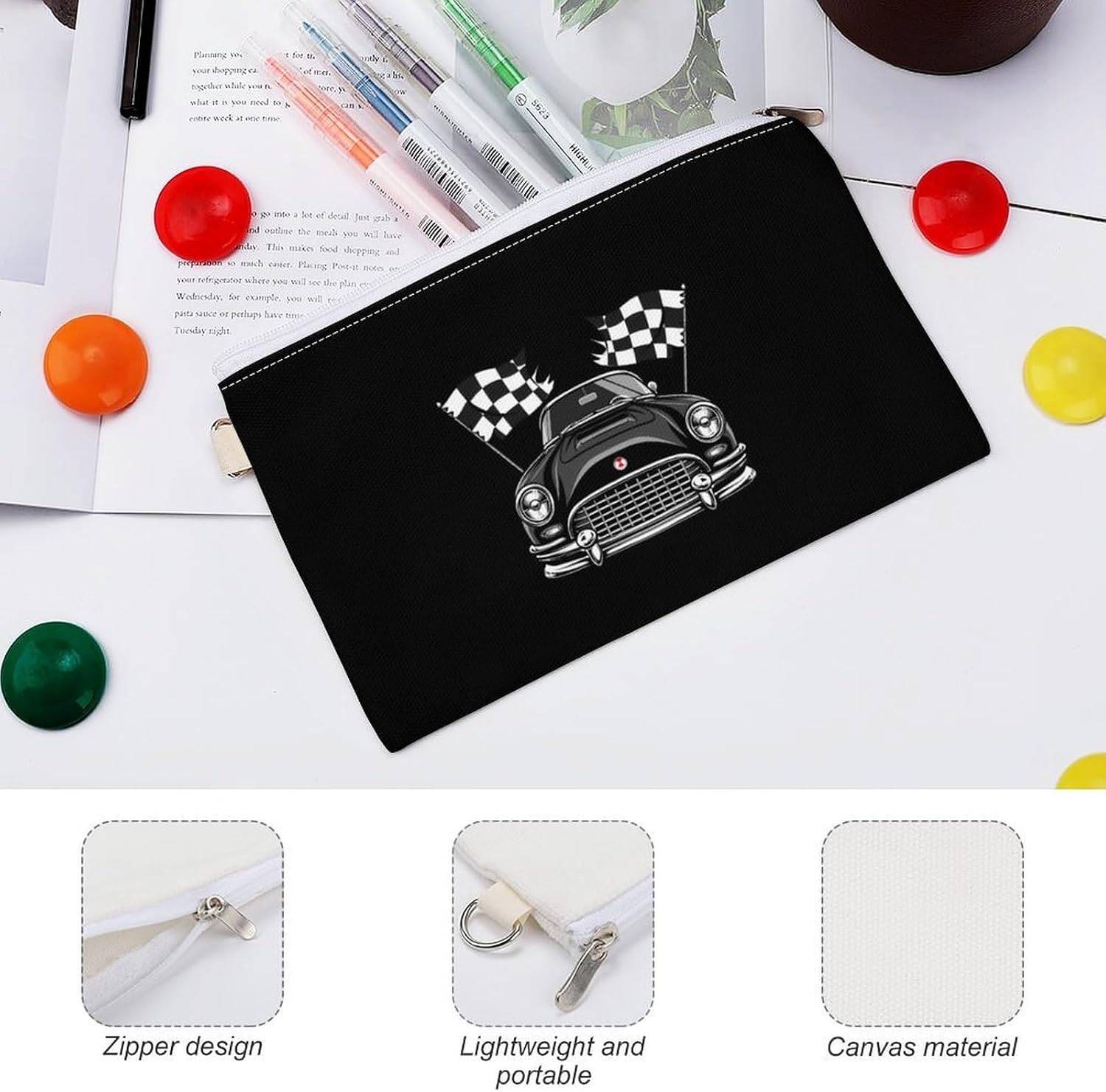 Classic Car Checkered Flag Coin Purse Pouch Change Holder With Zip Canvas Clutch Card Wallet for Women Men