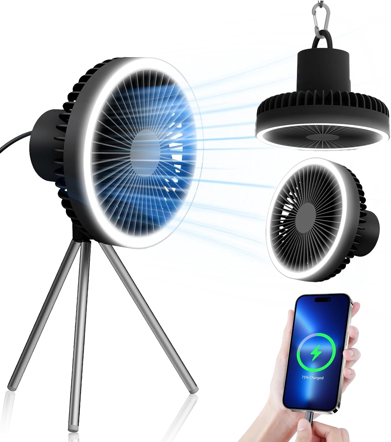 Camping fan with LED Lantern, 10,000mAh Battery Powered Fan with Hook, Tripod, Outdoor Rechargeable Fan Adjustable 3 Speeds Small Portable Tent Fan For Car Fishing Office Sleep