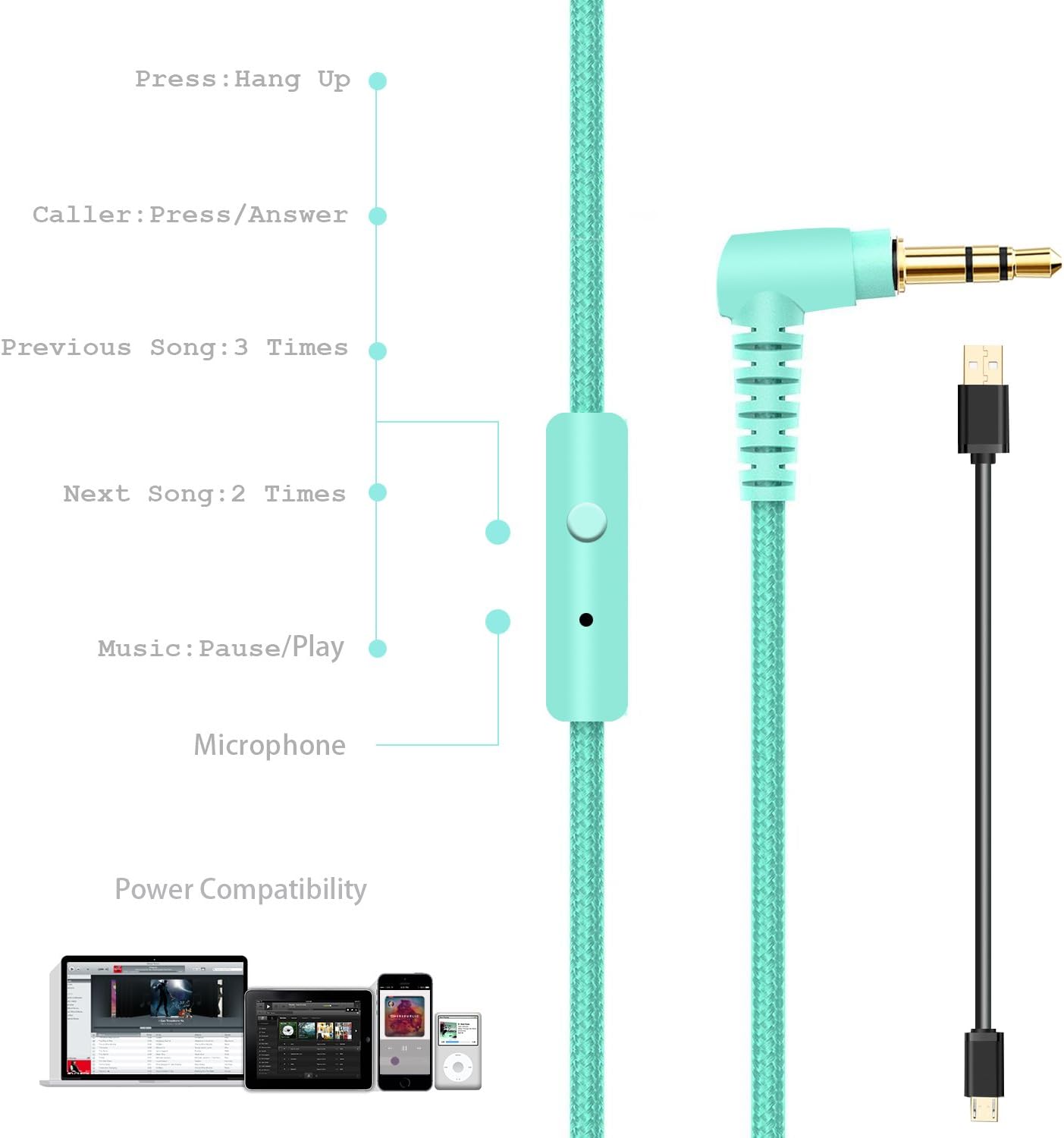 Included cables for Riwbox XBT-80 headphones: a green 3.5mm audio cable with inline microphone and controls, and a black USB charging cable.