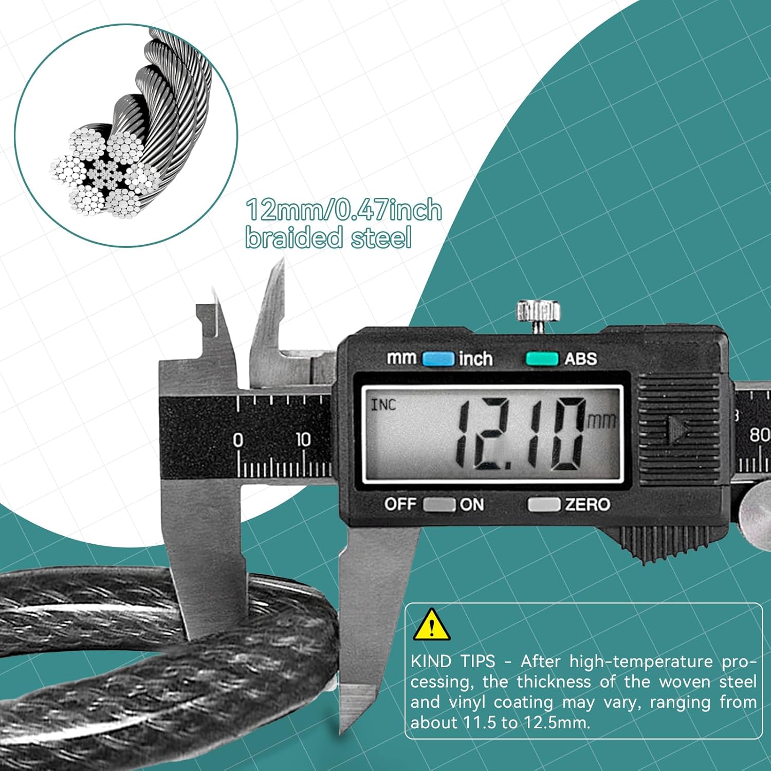 10ft Commercial Heavy Duty Lock Security Cable, 1/2inch 7x19 Construction Braided Steel with PVC Coating and Double Loop Ends Secure eBike, Bicycle, Scooter Outdoor Equipment Safe