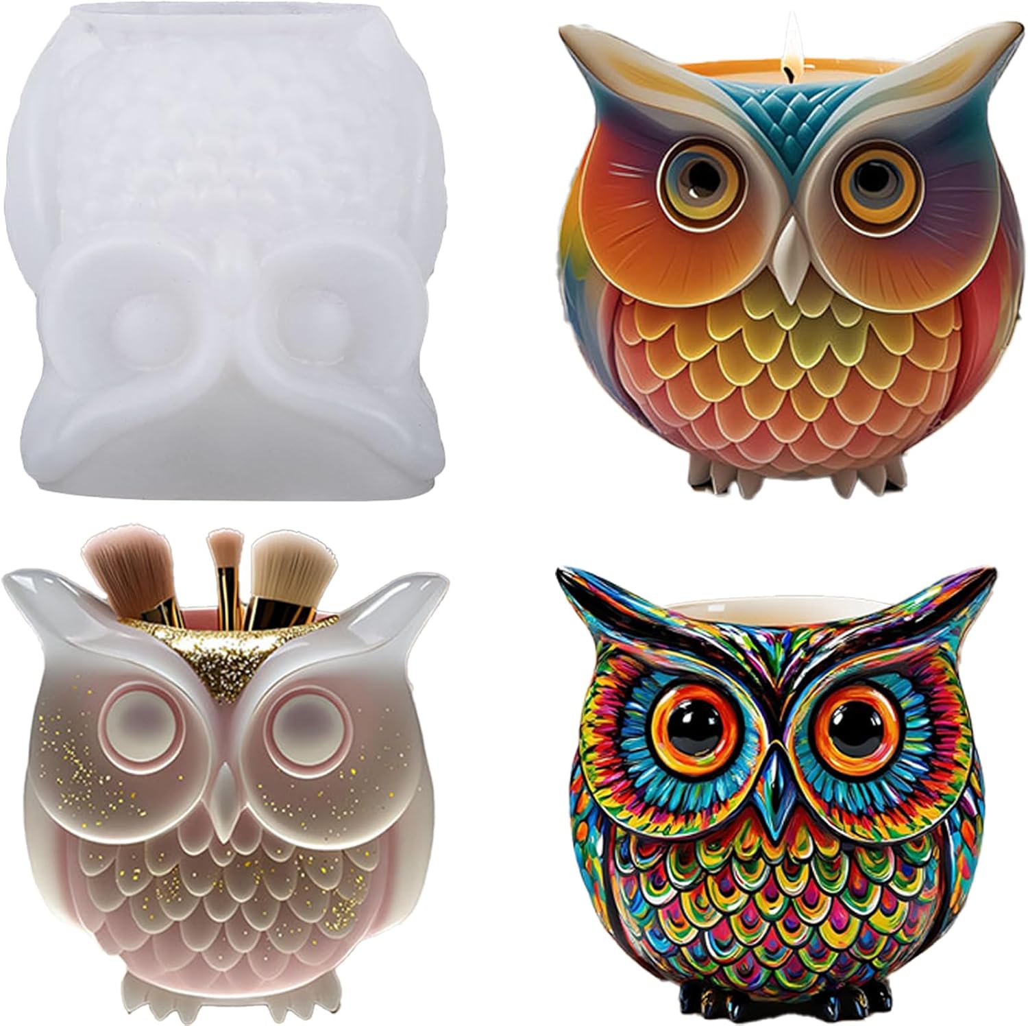 1Pc 3D Owl Epoxy Resin Silicone Mold Animal Plaster Storage Box Candle Mold for Pen Holders Concrete Clay Art Crafts DIY Home Decor Potted Plant Decorations Halloween Party Gifts Storage Box