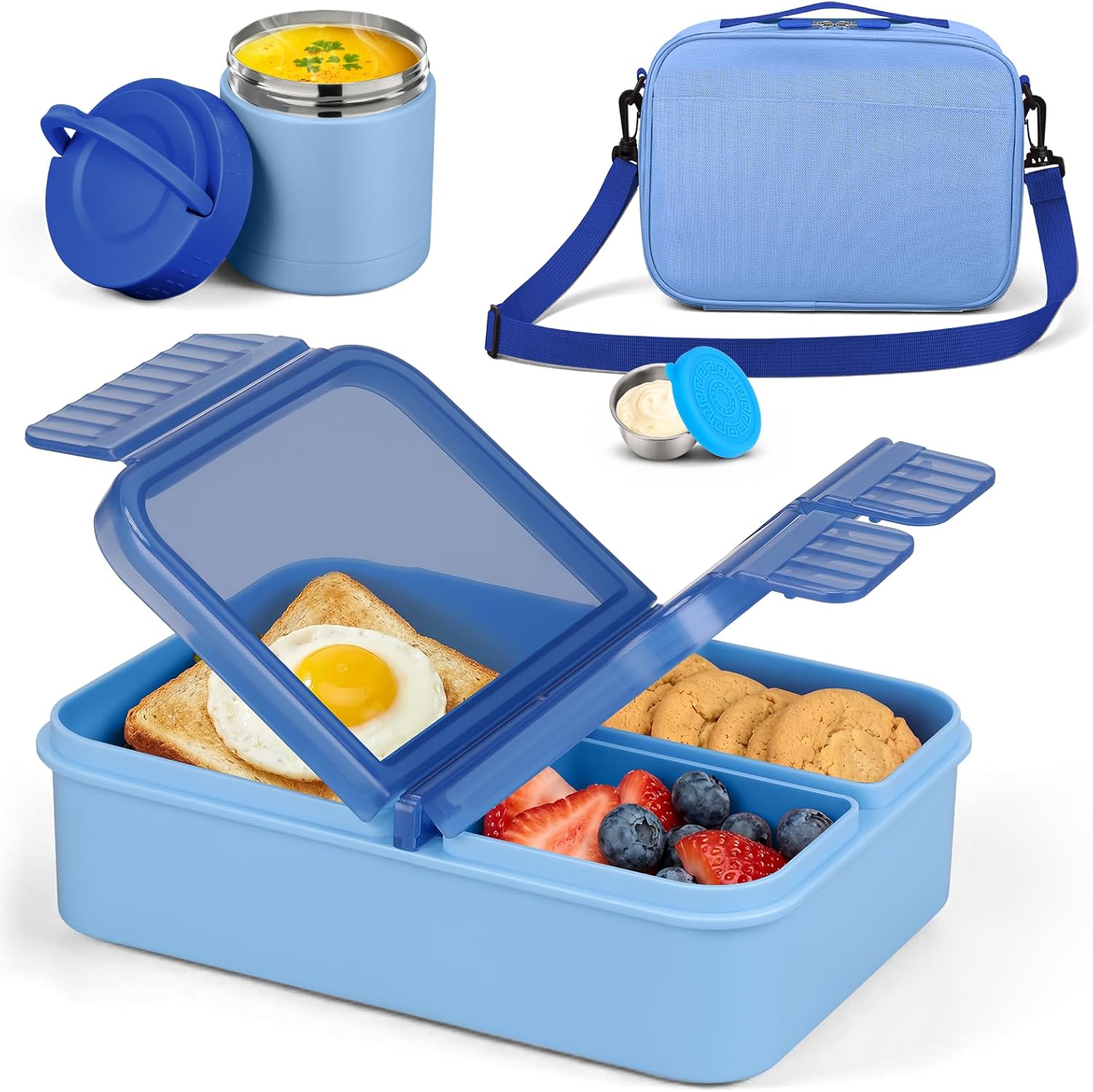 Snack Box Container Set with 10.5oz Soup Thermo for Kids Adults Lunch Box with 3 Compartents Toddler Leak Proof Portable Bento Box with Bag for Office,School,Travel,Outdoor - Blue