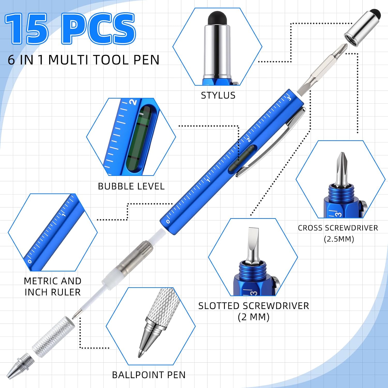 Maitys 30 Pcs 6 in 1 Multi Tool Pen Set for Men - Multi Function Pens with Screwdriver, Ruler, Level, Stylus for Father's Day Husband Dad Male Gifts Bulk