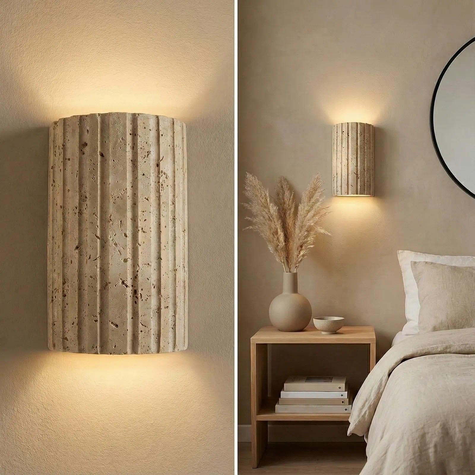 Wall Lamp, Yellow Travertine Wall Sconce for Bedroom & Living Room, Indoor Light with Soft Warm LED Uplighting, Nordic Japanese Style Stone Mounted Lamp (1PC)