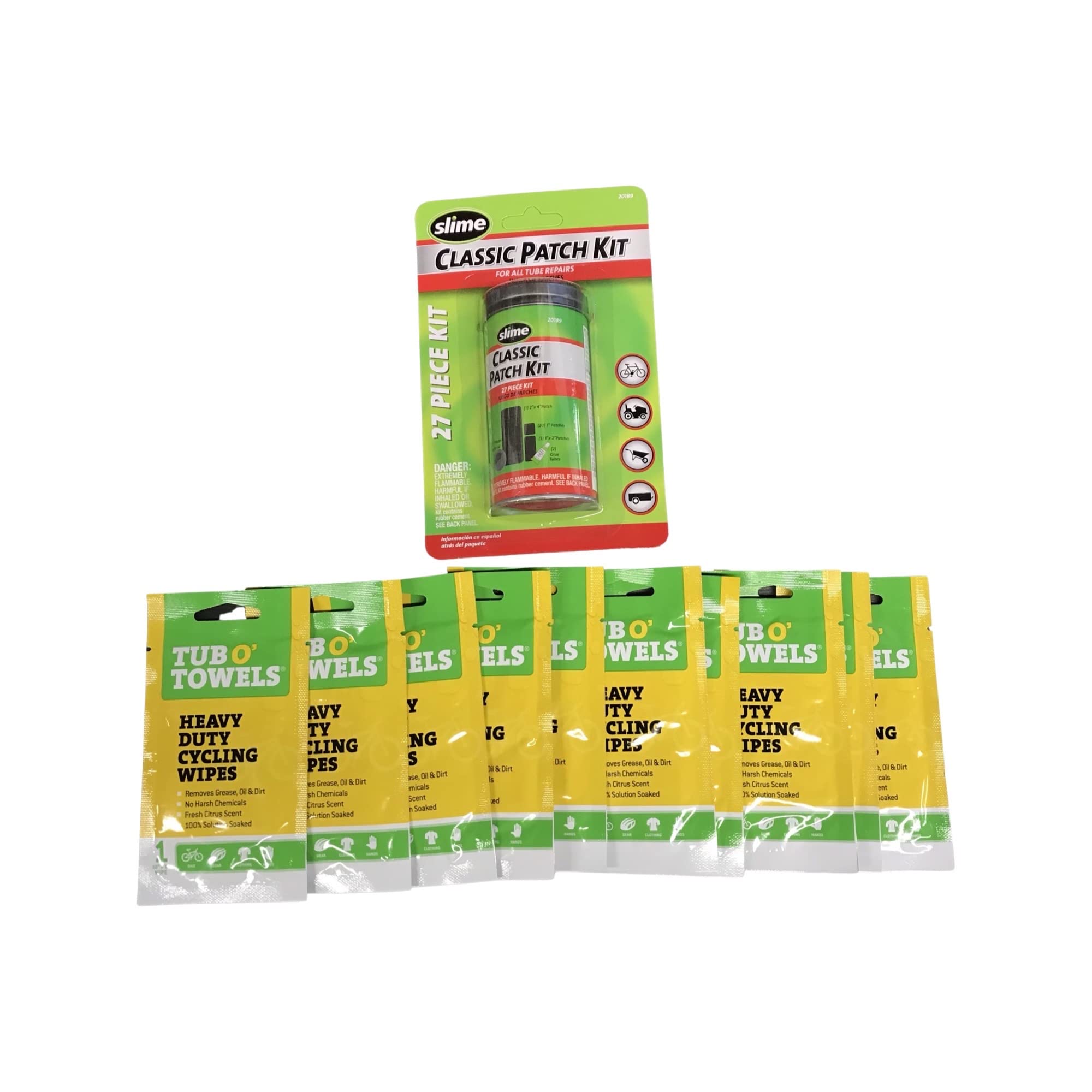 Tub O' Towels Cycling Cleaing Wipes Bundle with Slime 27 Piece Tire Patch Kit & (10) Heavy Duty Cycling Wipes
