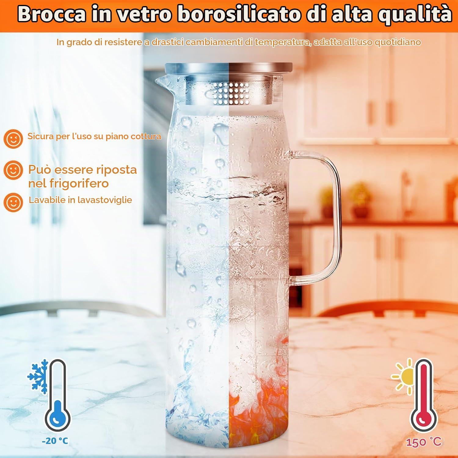 2PCS 1,5L Caraffa in Vetro Borosilicato Con Coperchio, Brocca d'Acqua Con Spazzola per Tè Ghiacciato, Acqua Calda Fredda, Succo