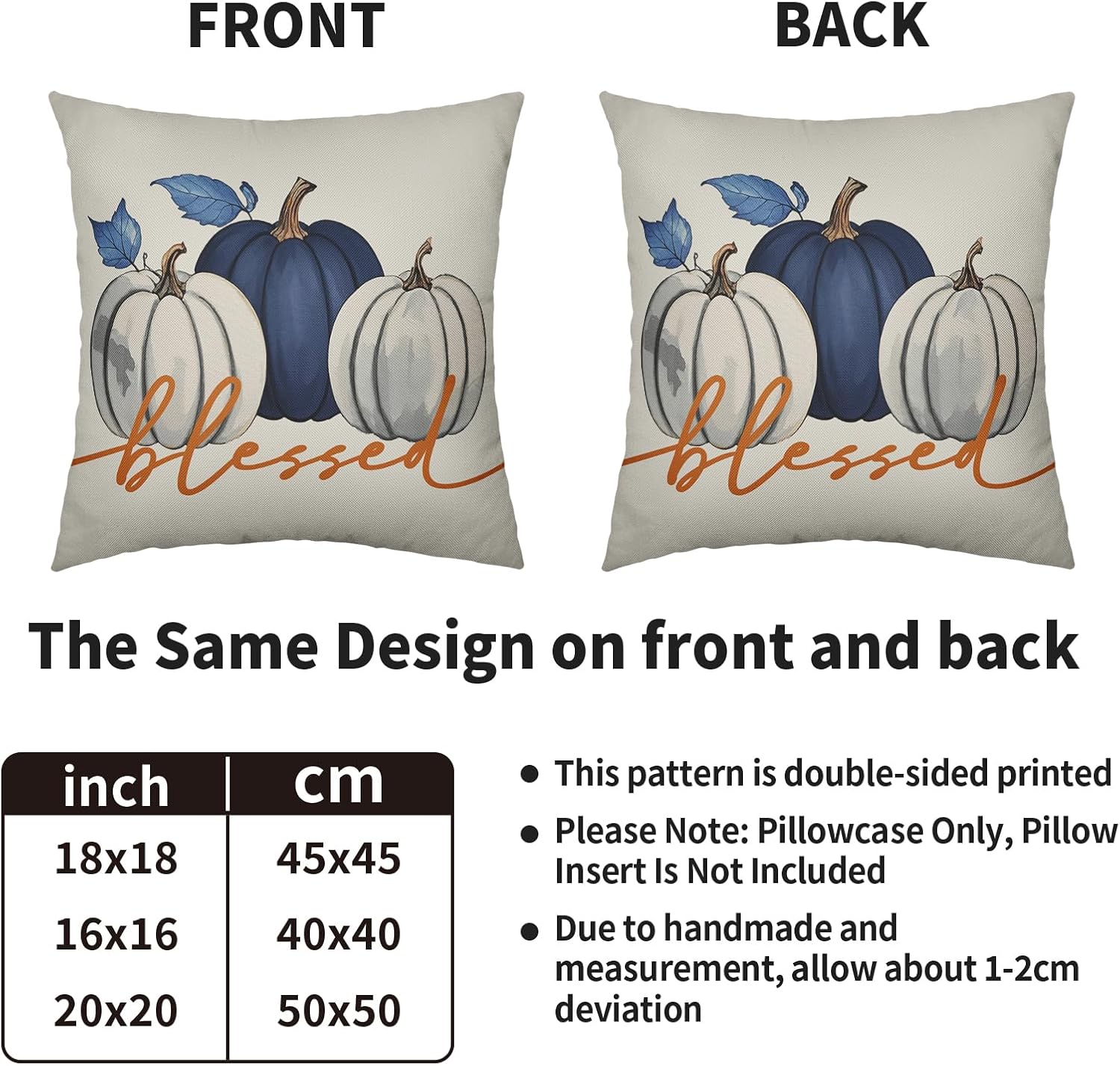 Blue Grey White Pumpkin Pillow Covers 24X24 Set of 2, Fall Blessed Print Decorative Throw Pillow Covers Outdoor Autumn Thanksgiving Farmhouse Seasonal Cushion Cases Couch Sofa Bed Decor