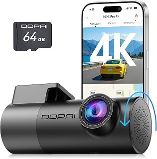 DDPAI Mini Pro 4K Dash CAM Coche, Cámara 2160P, Giración de 360°, Tarjeta 64GB Incluida, Visión Nocturna, 24H Monitor Aparcamiento, 5.8G WiFi 6, Grabación en Bucle, Control por App, Supercondensador