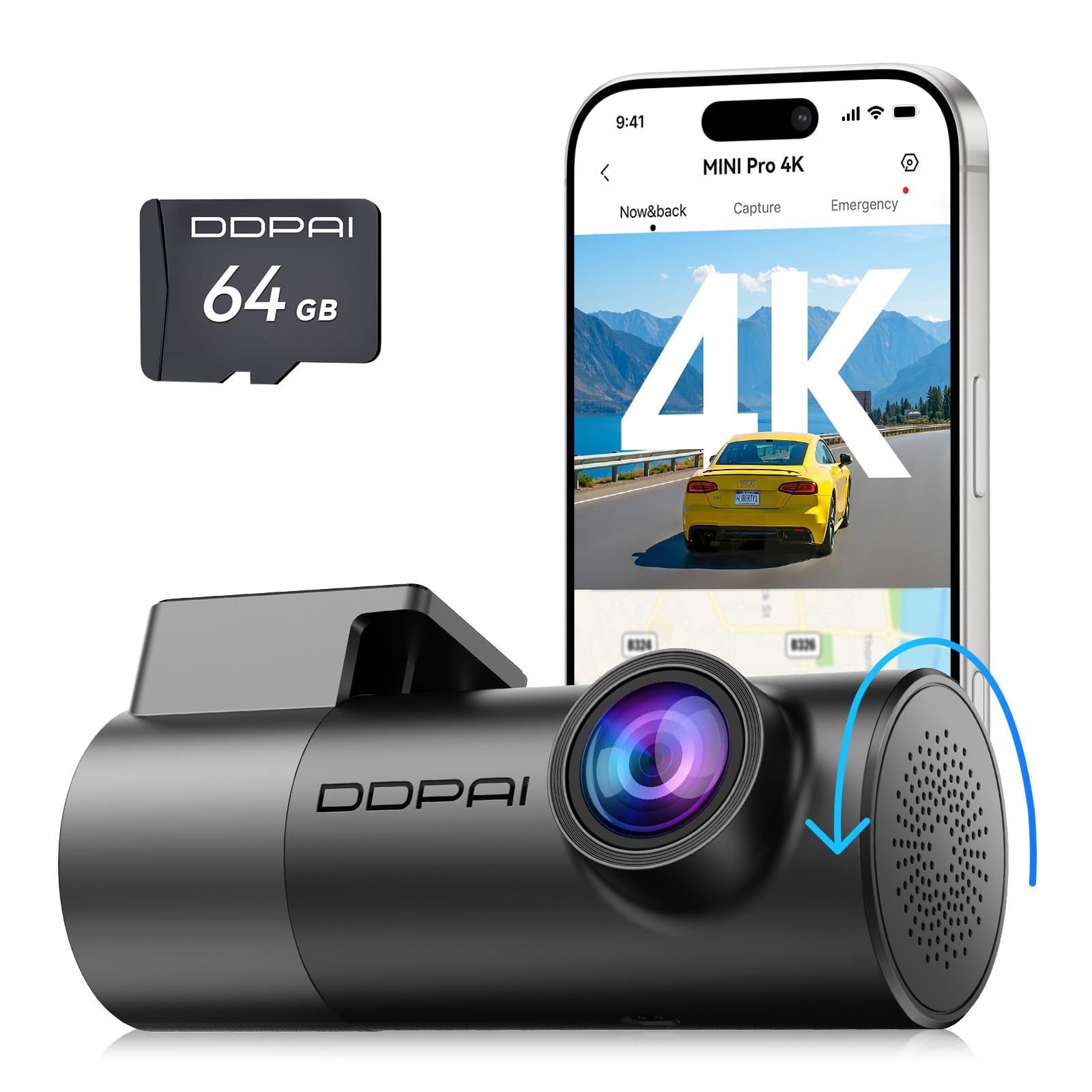 DDPAI Mini Pro 4K Dash CAM Coche, Cámara 2160P, Giración de 360°, Tarjeta 64GB Incluida, Visión Nocturna, 24H Monitor Aparcamiento, 5.8G WiFi 6, Grabación en Bucle, Control por App, Supercondensador