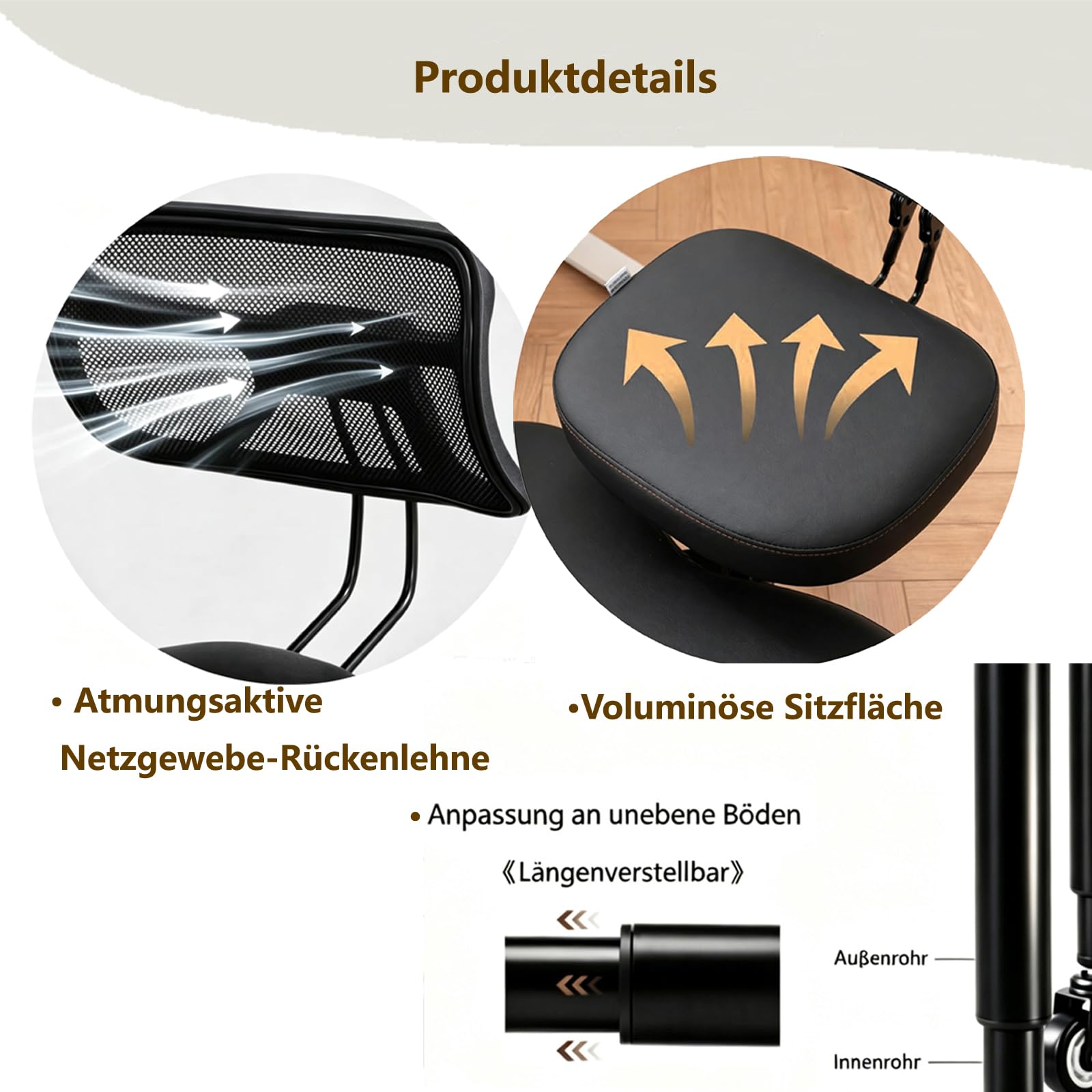 Chaise croisée avec roues, chaise à genoux polyvalente avec support arrière, tabouret réglable avec siège incliné pour une meilleure posture, coussins épais et confortables, noir