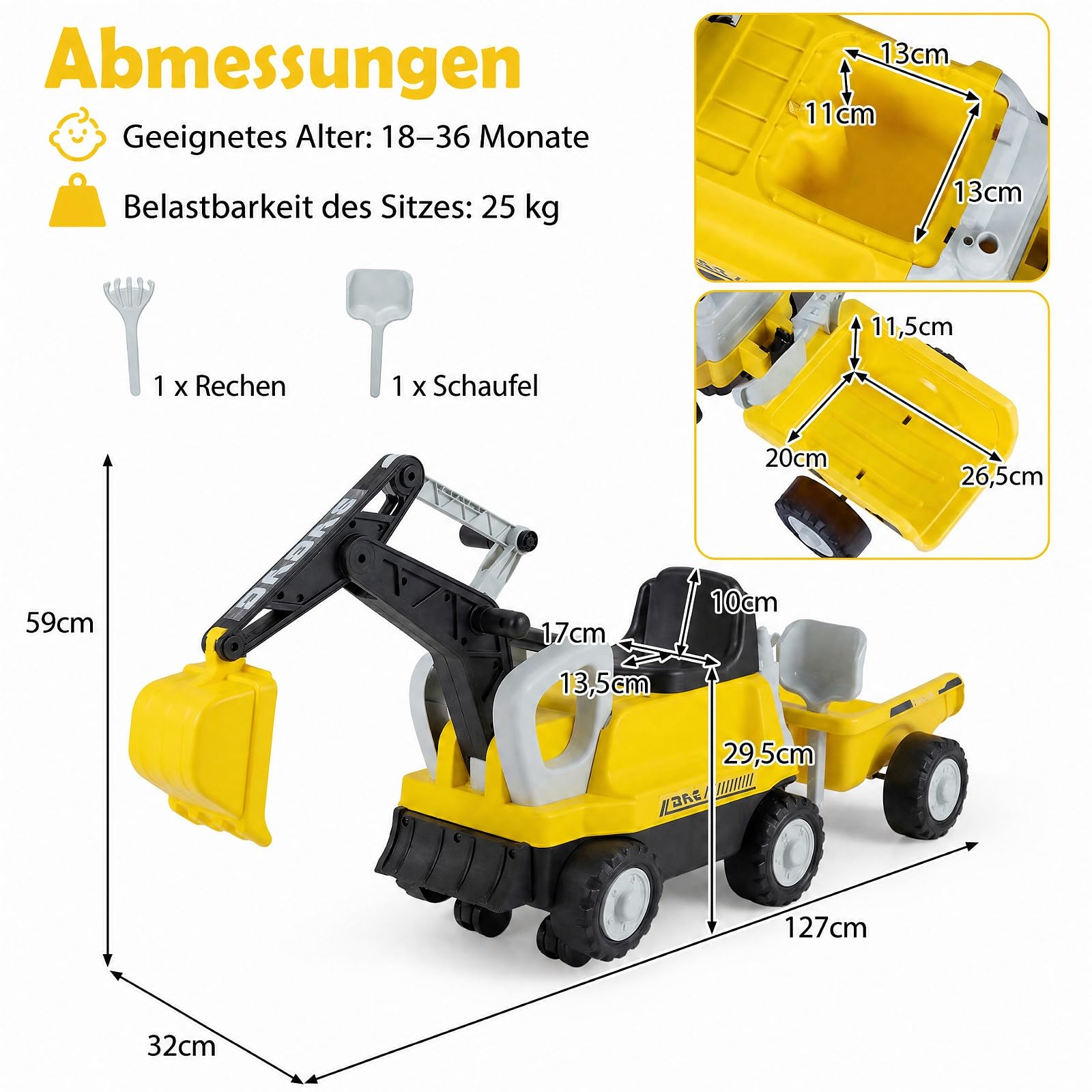 COSTWAY Traktor dziecięcy 2 w 1, koparka dla dzieci, bez silnika