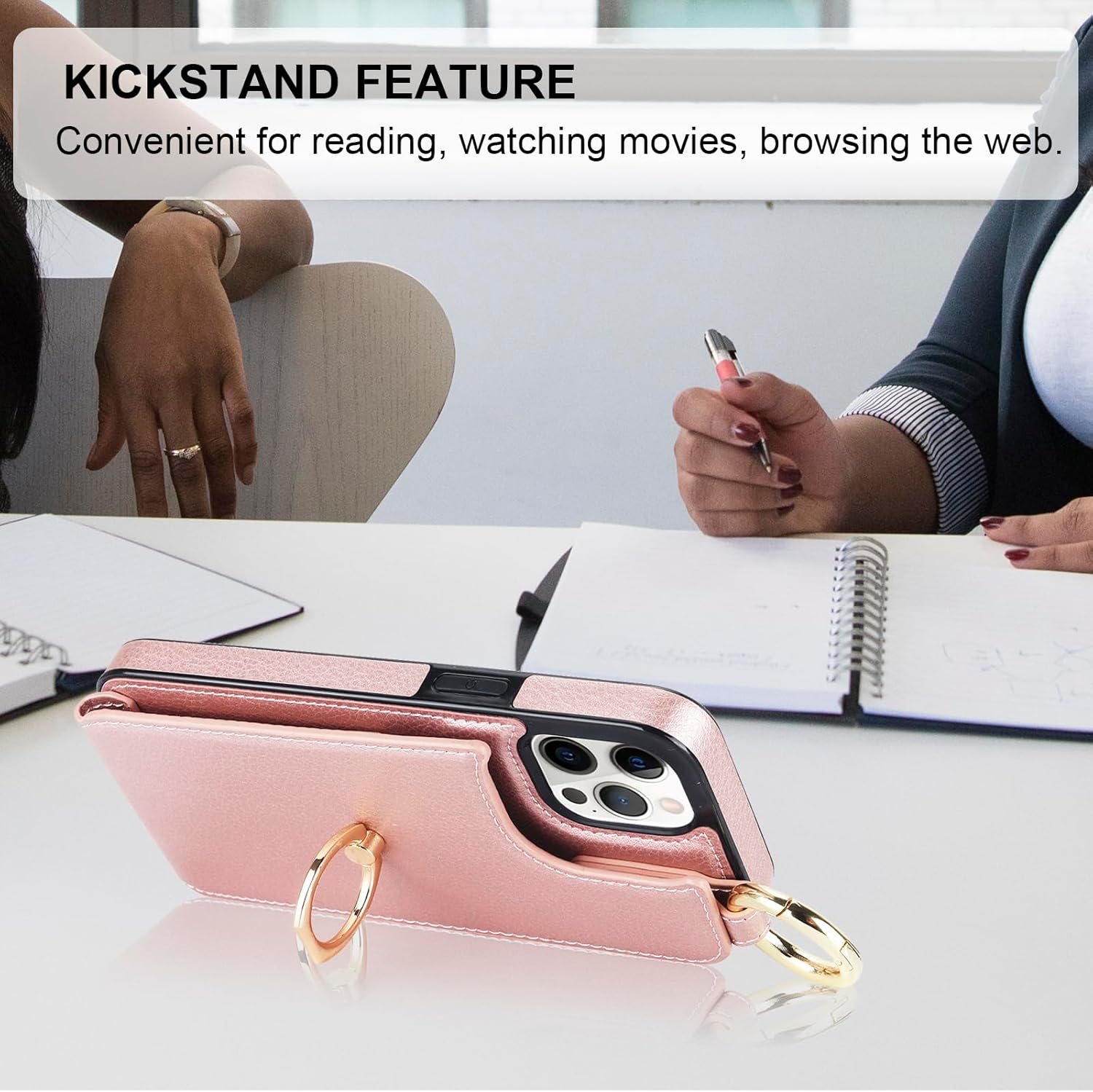 Folosu for iPhone 12 Pro Max Wallet Case with Card Holder, 360°Rotation Ring Holder Kickstand, RFID Blocking PU Leather Finger Grip Key Ring, Protective Double Buttons Shockproof Cover 6.7" Rose Gold