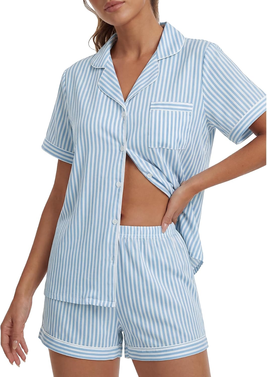 OPOIPIN Women's Striped Pajamas Set Short Sleeve Button Down Shirt with Wide Leg Shorts 2 Piece Sleepwear