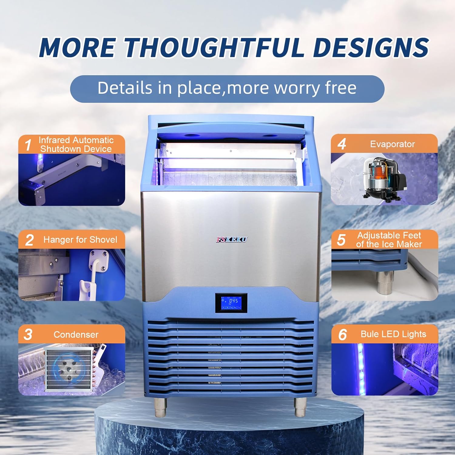220Lbs Commercial Ice Maker Machine - Stainless Steel, Under Counter with 200lbs Storage, Fast Ice Production, Self-Cleaning, for Home Bar Restaurant
