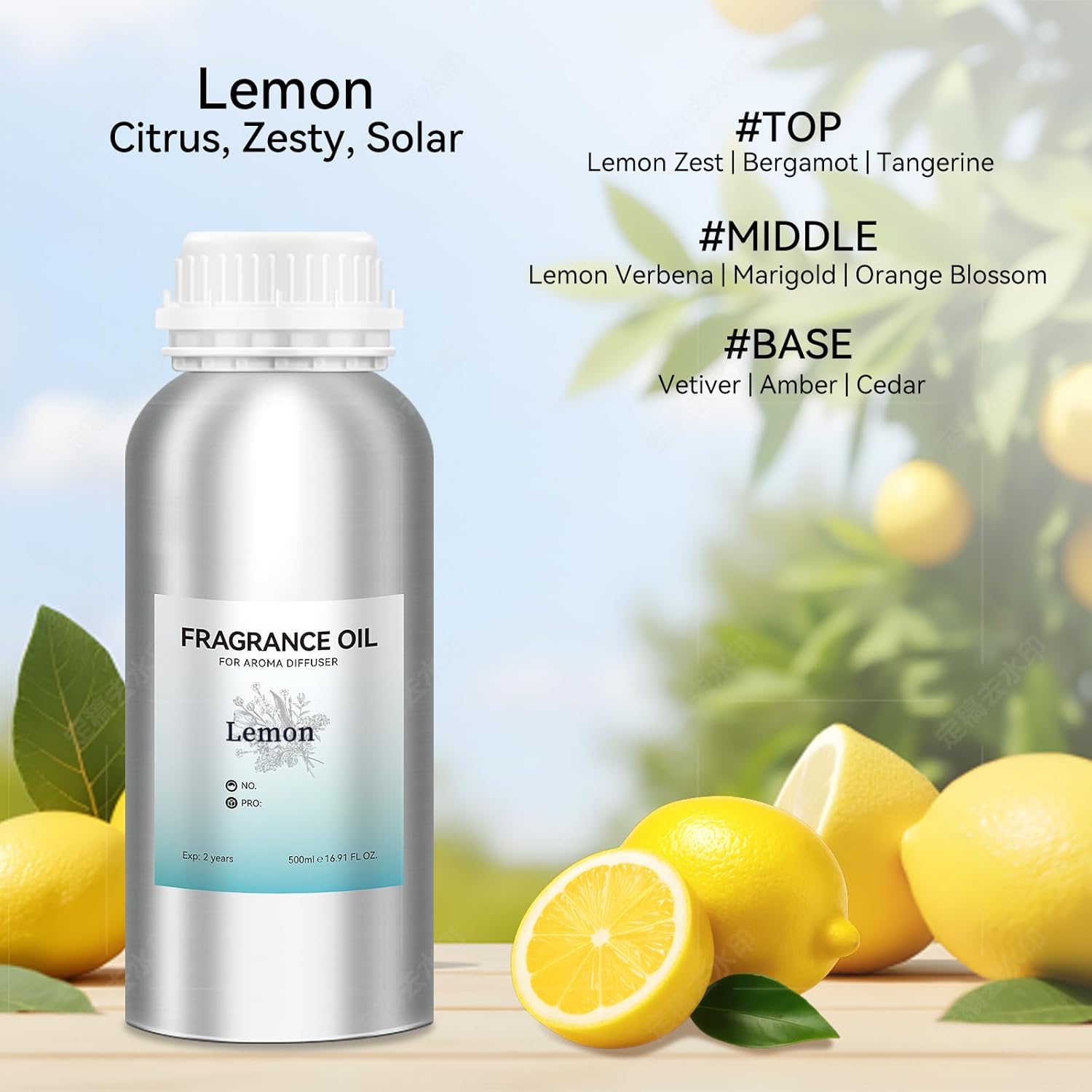 Lemon Essential Oils for Diffuser (500ml / 16.9oz), Natural, Long-Lasting, Luxury & Sophisticated Scent, Energizing Citrus Aroma for Large Spaces