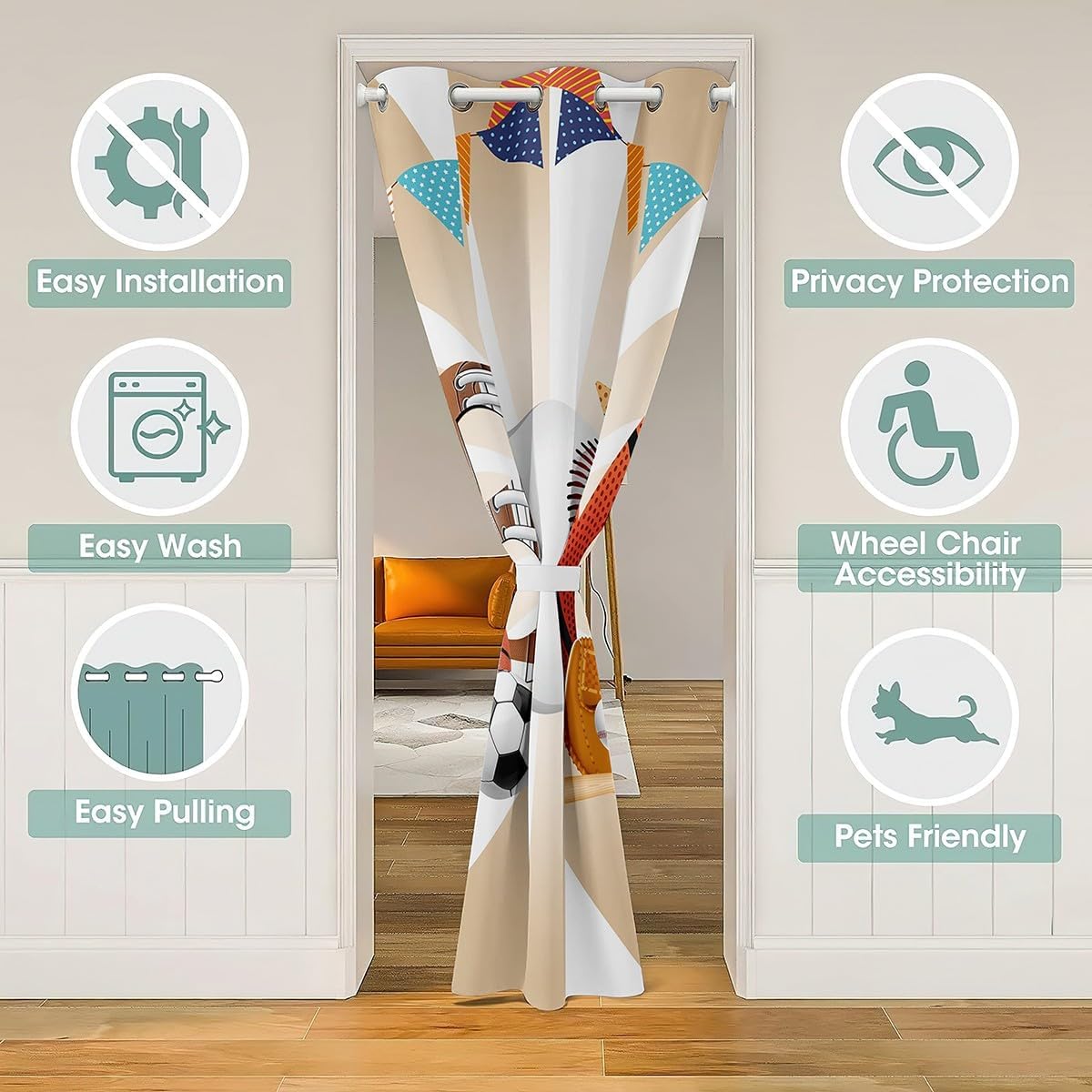 Baseball Door Curtain 1 Panel 60" W X 80" L Cartoon Football Basketball Colorful Flag Doorway Curtain for Closet Door Watercolor Gradient Stripes Sports Style Door Drape for Bedroom Privacy