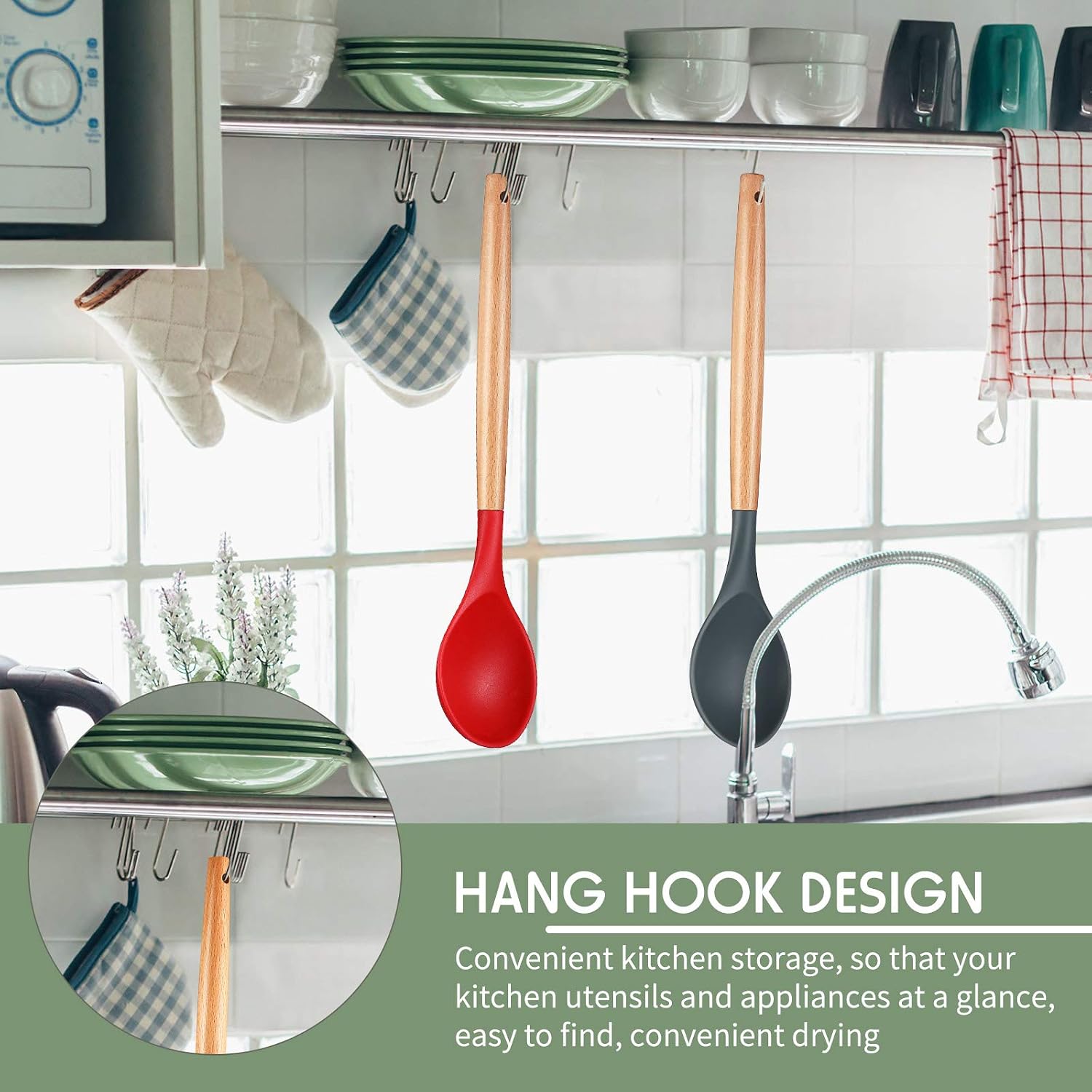 Patelai 2 Pcs Silicone Cooking Spoons 12.4" Wooden Handle Red, Gray