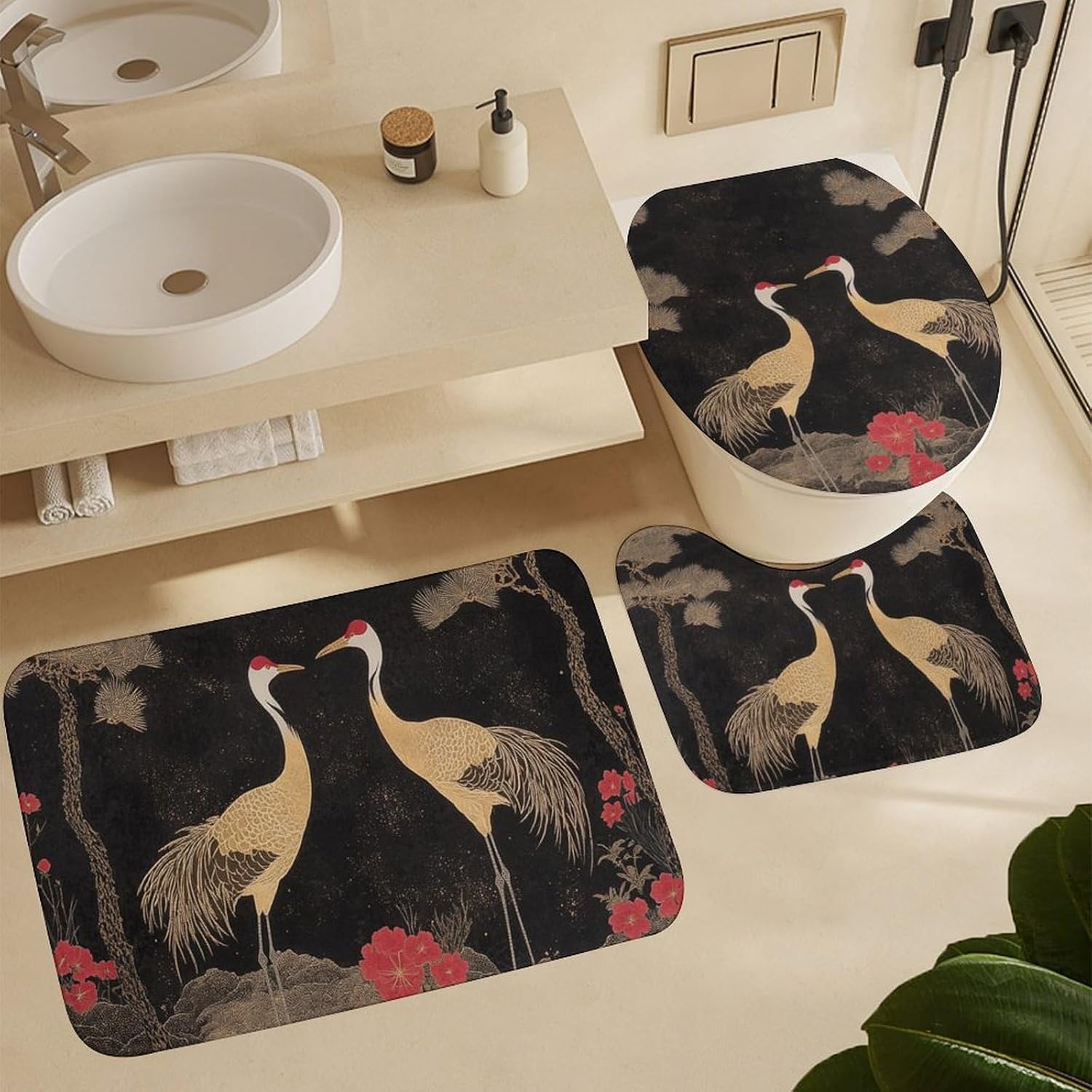 4Pcs Abstract Bird Crane Shower Curtain Sets, Bath Mat and Rugs, Japanese Art Forest Tree Shower Curtain with Hooks for Bathroom