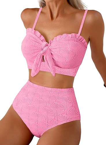 Herseas Women's Seashell Textured Bikini Sets Knotted Front 2 Piece Swimsuits Ruffle Trim Bathing Suits - Large - Baby Pink