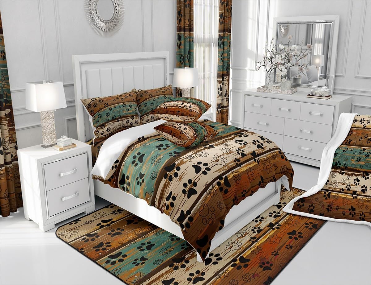 Manfei Paw Print Kids Duvet Cover Set Queen Size, Animal Tracks Print Bedding Set for Boys Girls Dog Lover, Retro Wooden Plank Comforter Cover, Rustic Farmhouse Quilt Cover, 2 Pillowcases,No Comforter