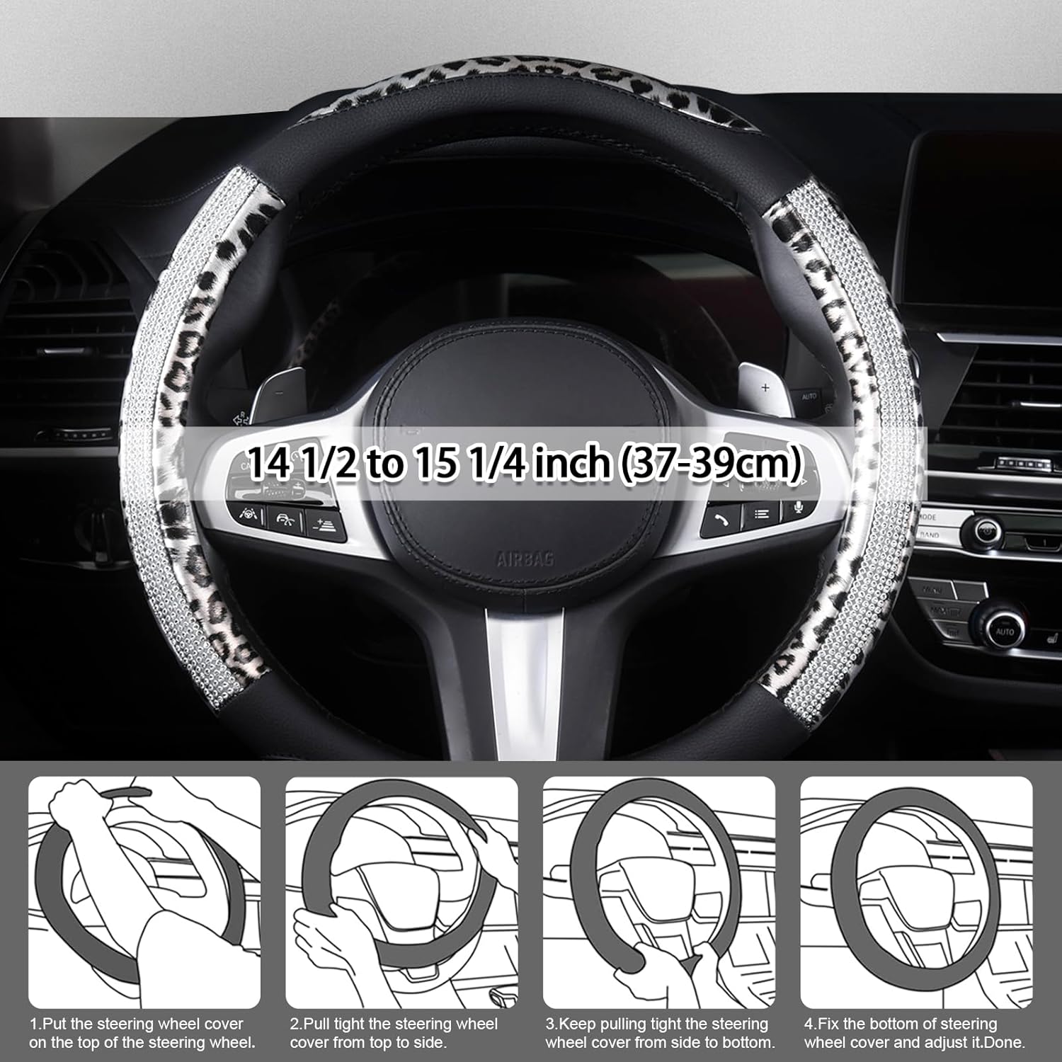 AUTOYOUTH Leopard Steering Wheel Cover - Bling Crystal Rhinestones Cheetah Print on Leather Non-Slip Breathable Design for Women/Girls Universal Fit 14.5-15 Inch(Black & Silver)