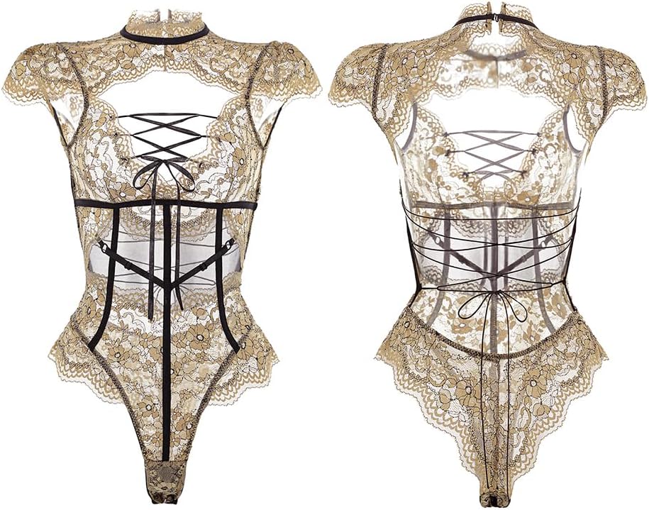 sexy lingerie for women outfit Dress underwear Fairy Princess Cosplay Costume Floral lace cute Halter Strap Babydoll Cutout Bodysuit Ruffled Skirt Anime Roleplay Bodycon Gold