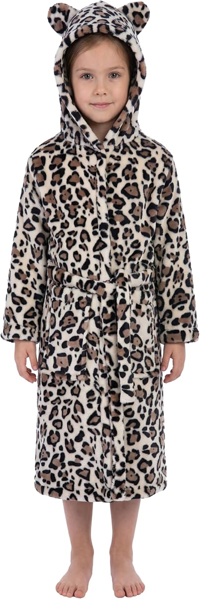 Bata de felpa con capucha de dibujos animados para niños pequeños, pijamas de leopardo, albornoz de lana, ropa de dormir para niños