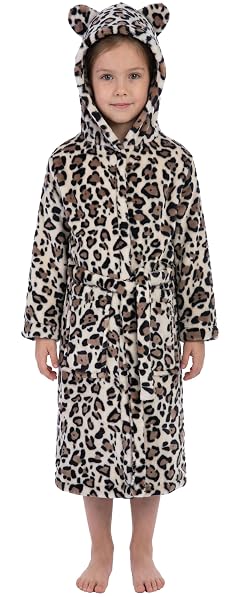 Kids Toddler Cartoon Hooded Plush Robe Leopard Pajamas Fleece Bathrobe Children Sleepwear