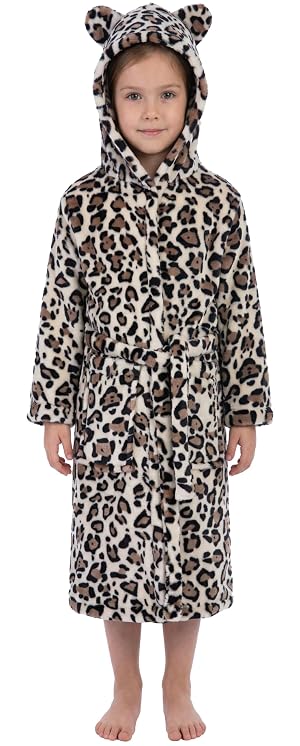 Kids Toddler Cartoon Hooded Plush Robe Leopard Pajamas Fleece Bathrobe Children Sleepwear