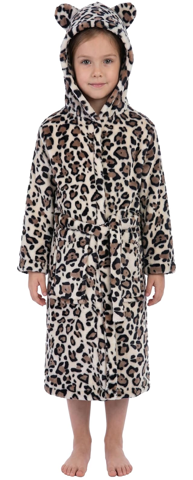 Kids Toddler Cartoon Hooded Plush Robe Leopard Pajamas Fleece Bathrobe Children Sleepwear