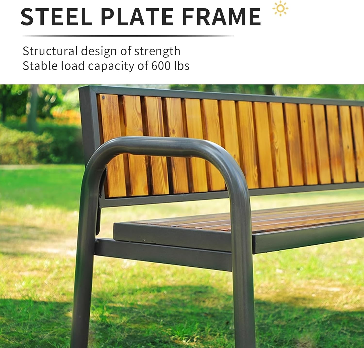 2-Person Poly Lumber Patio Bench, Outdoor All-Weather Seating, Fade-Resistant, Durable Cast Iron Frame, Stylish Garden Park Bench (Wood, 86cm)