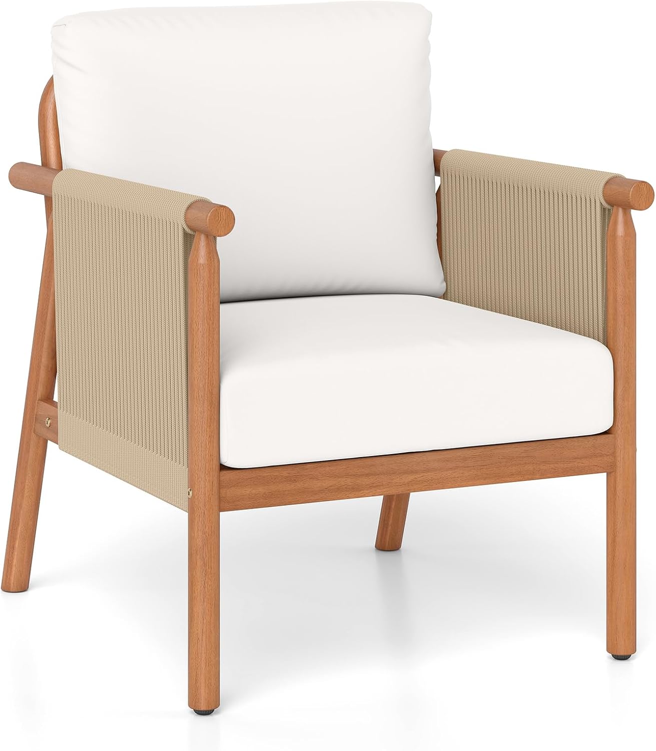 Tangkula Acacia Wood Patio Club Chair, Boho Accent Chair with Woven Rope Armrests & Seat Back Cushions, Indoor Outdoor Wooden Leisure Sofa for Backyard, Porch, Balcony, Living Room (White)