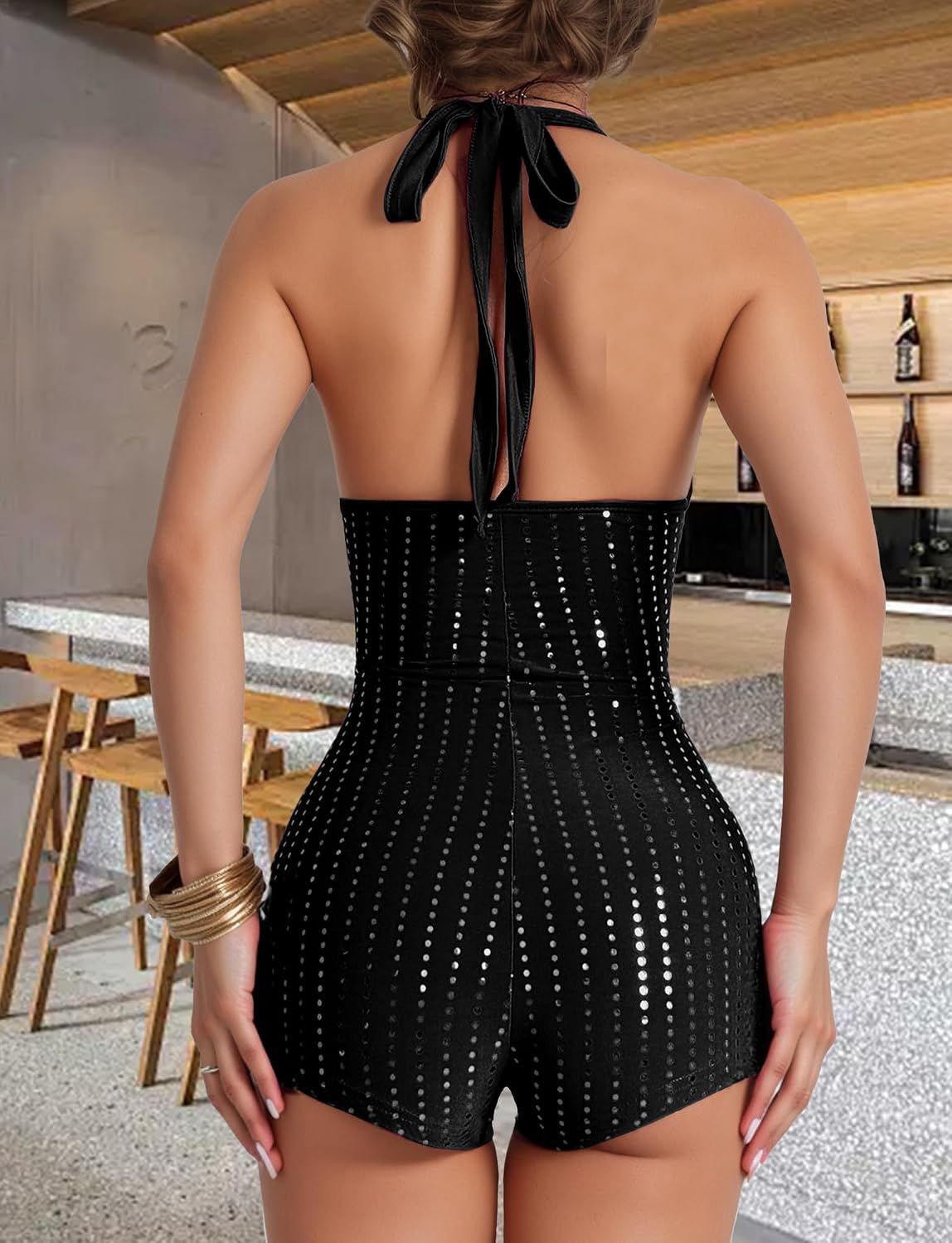 FEOYA Sequin Polka Dots Short Jumpsuit Women One Piece Halter Deep V Neck Bodysuit Romper Going Out Backless Club Outfit