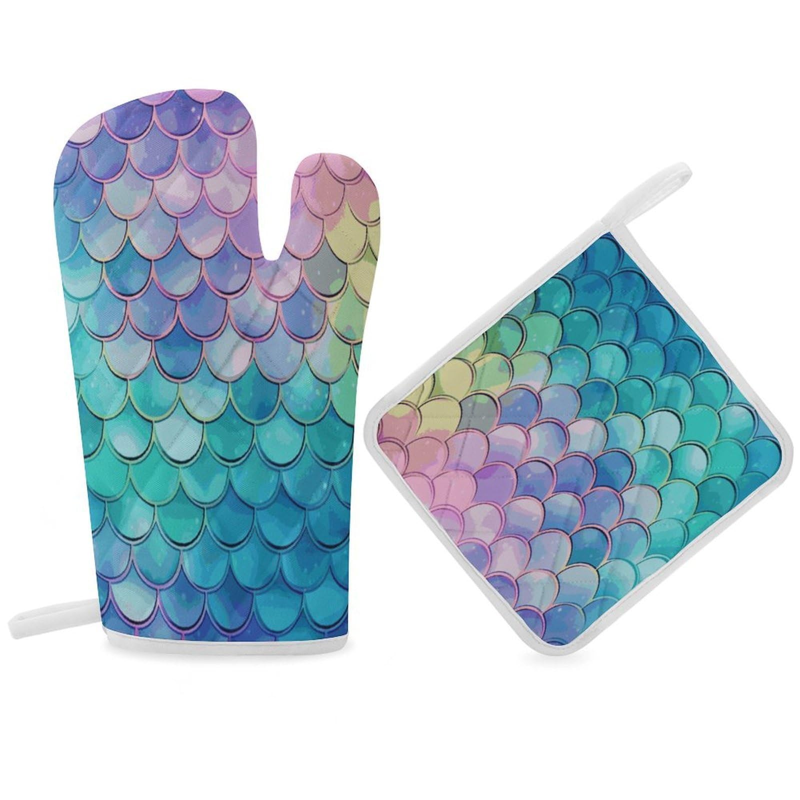 Fodpand Women's Style Dreamy Gradient Mermaid Scales Oven Mitts And Pot Holders Sets,Oven Gloves For Kitchen Oven Mitts And Potholders For Baking Cooking Grilling Apartment Essentials